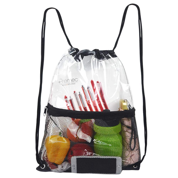 Clear PVC Drawstring Bag Backpack with Front Zipper Mesh Pocket