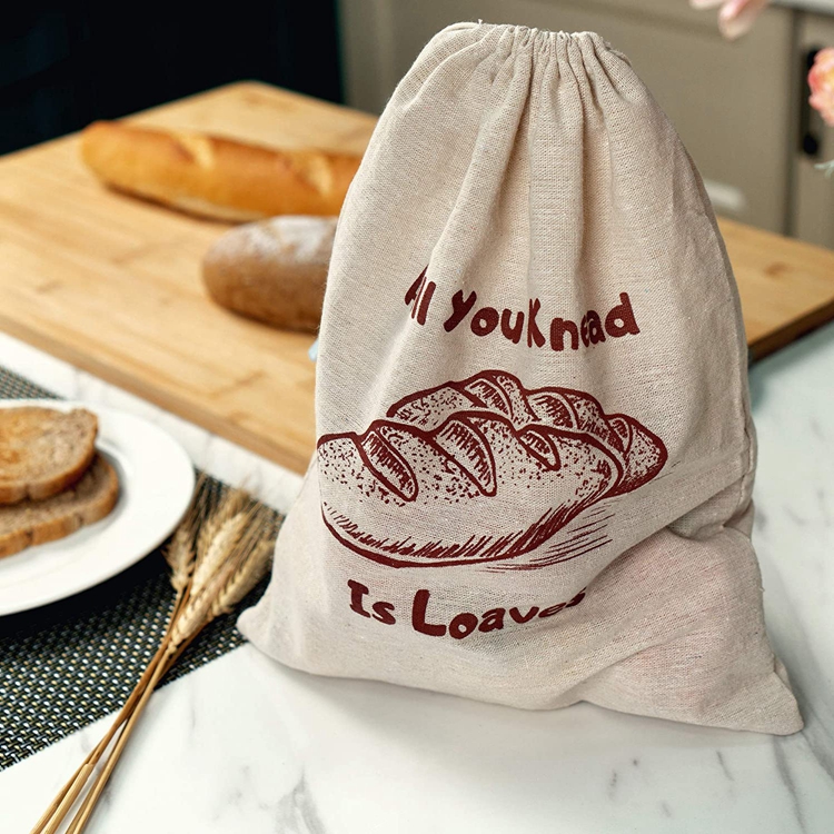 Large Natural Reusable Food Storage Linen Bread Bag Custom Drawstring Gift Bag